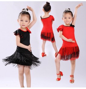 Black red fringes tassels girls kids child children one shoulder competition performance latin salsa dance dresses sets